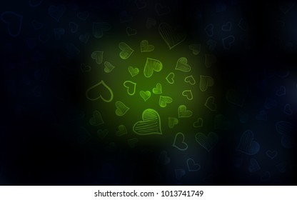 Dark Green vector cover with Shining hearts. Hearts on blurred abstract background with colorful gradient. Pattern can be used for valentine's ad, booklets.