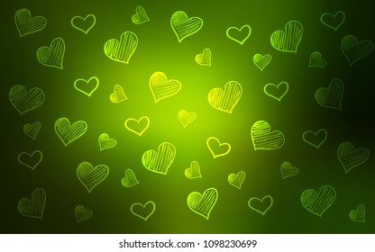 Dark Green vector cover with Shining hearts. Hearts on blurred abstract background with colorful gradient. Pattern for marriage gifts, congratulations.