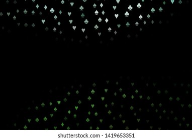 Dark Green vector cover with symbols of gamble. Colored illustration with hearts, spades, clubs, diamonds. Template for business cards of casinos.