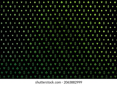 Dunkelgrüne Vektorgrafik mit Symbolen für das Spiel. Leuchtende Illustration mit Herzen, Pik, Clubs, Diamanten. Muster für Werbung für Partys, Events in Vegas.