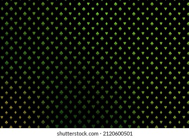 Dark green vector cover with symbols of gamble. Colored illustration with hearts, spades, clubs, diamonds. Pattern for booklets, leaflets of gambling houses.