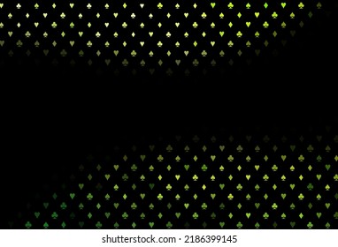 Dunkelgrüne Vektorgrafik mit Symbolen für das Spiel. Farbige Illustration mit Herz, Pik, Clubs, Diamanten. Muster für Werbung für Partys, Events in Vegas.