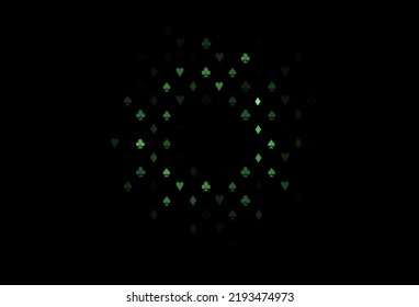 Dark green vector cover with symbols of gamble. Colored illustration with hearts, spades, clubs, diamonds. Template for business cards of casinos.