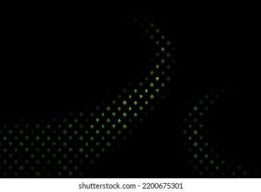 Tapa vectorial verde oscuro con símbolos de juego. Gradiente colorido con signos de corazones, espadas, palos, diamantes. Patrón de folletos, volantes de casas de juego.