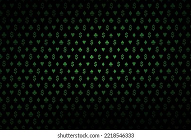 Dark green vector cover with symbols of gamble. Illustration with set of hearts, spades, clubs, diamonds. Template for business cards of casinos.
