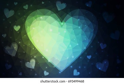 Dark Green vector greeting Card Happy Valentine's Day. Lettering with hearts on the white polygonal background. Colored triangular illustration for your business.