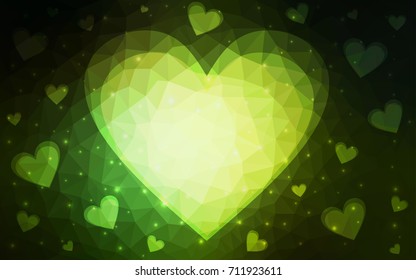 Dark Green vector greeting Card Happy Valentine's Day. Lettering with hearts on the white polygonal background. Colored triangular illustration for your business.