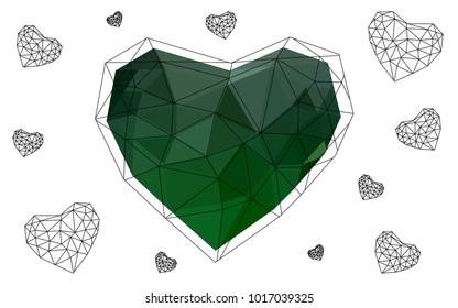 Dark Green vector heart isolated on white background. Geometric rumpled triangular low poly origami style gradient graphic illustration. Polygonal design for your business.