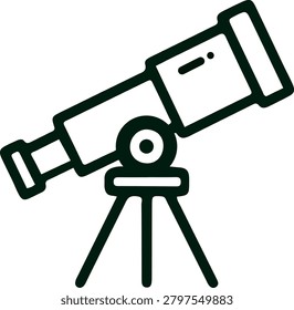 Dark green vector illustration of a telescope on a tripod with a white background for astronomy and stargazing enthusiasts showing a scientific instrument for exploring the universe closely.