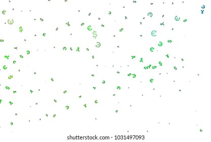 Dark Green vector layout with banking symbols. Blurred design in with symbols of EUR, USD, JPY. The pattern can be used as ads, poster, banner for payments.