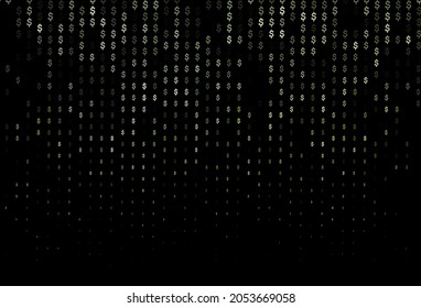 Diseño de vector verde oscuro con símbolos bancarios. Diseño desenfocado con símbolos de dólar, USD, ee.uu. El patrón se puede usar para anuncios, folletos, folletos de bancos.