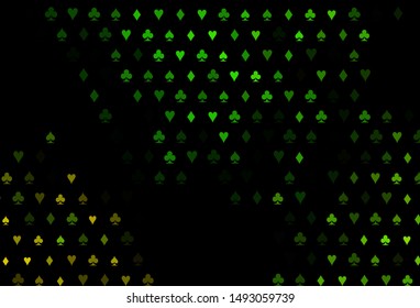 Dark Green vector layout with elements of cards. Colorful gradient with signs of hearts, spades, clubs, diamonds. Template for business cards of casinos.