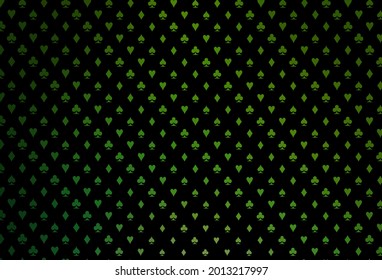 Dark green vector layout with elements of cards. Colored illustration with hearts, spades, clubs, diamonds. Pattern for booklets, leaflets of gambling houses.