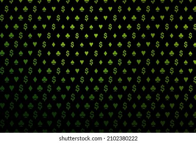 Dark green vector layout with elements of cards. Blurred decorative design of hearts, spades, clubs, diamonds. Template for business cards of casinos.