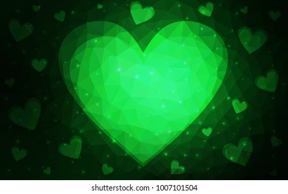 Dark Green vector love background with heart. Paper note. Valentine's greeting polygonal card. Triangular illustration for your business. Stock template for your design.