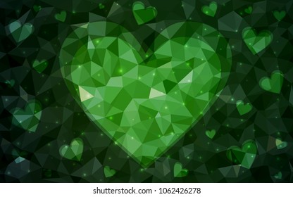 Dark Green vector love background with heart. Paper note. Valentine's greeting polygonal card. Triangular illustration for your business. Stock template for your design.