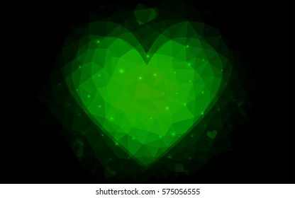 DARK green vector love background with heart. Paper note. Valentine's greeting polygonal card. Triangular illustration for your business. Stock template for your design.