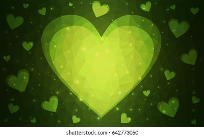 Dark Green vector love background with heart. Paper note. Valentine's greeting polygonal card. Triangular illustration for your business. Stock template for your design.