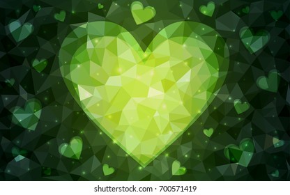 Dark Green vector love background with heart. Paper note. Valentine's greeting polygonal card. Triangular illustration for your business. Stock template for your design.