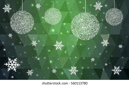 Dark Green vector low poly crystal background with snowflakes. Polygon christmas design pattern . Low poly illustration of New Year celebration.