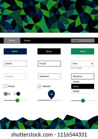 Dark Green vector Material Design Kit with lines. Web ui kit with abstract gradient triangles in its header. Beautiful layout for websites, landing pages.