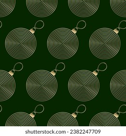 Dark green vector New Year pattern with golden Christmas tree decorations. Pattern for textiles, wrapping paper, wallpaper and backgrounds.