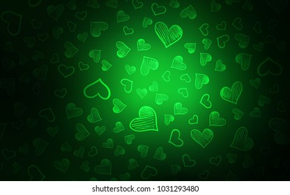 Dark Green vector pattern with colorful hearts. Hearts on blurred abstract background with colorful gradient. Pattern for carnival, festival romantic leaflets.
