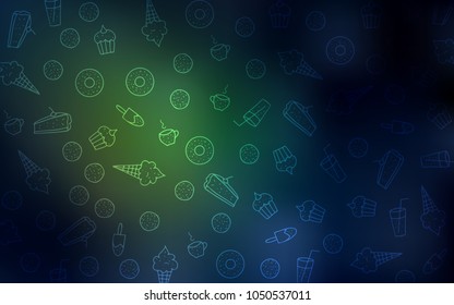 Dark Green vector pattern with delicious cookies. Glitter abstract sketch with sweets, candies, desserts. Design for ad, poster, banner of cafes or restaurants.