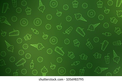 Dark Green vector pattern with delicious cookies. Illustration with set of sweet food in doodle style. Template of children's food in cafe.