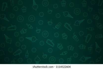 Dark Green vector pattern with delicious cookies. Glitter abstract sketch with sweets, candies, desserts. Template of children's food in cafe.