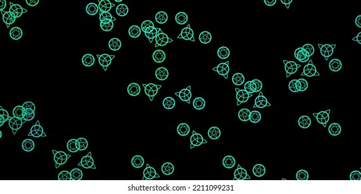 Dark Green vector pattern with magic elements. Colorful mystic symbols with a gradient in ancient style. Background for esoteric, mystic designs.