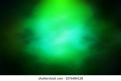 Dark Green vector pattern with night sky stars. Shining colored illustration with bright astronomical stars. Template for cosmic backgrounds.