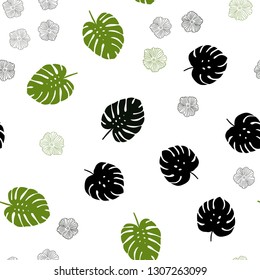 Dark Green vector seamless abstract pattern with flowers, leaves. Sketchy doodles on white background. Design for textile, fabric, wallpapers.