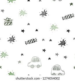 Dark Green vector seamless backdrop in holiday style. Shining illustration with a toy car, baloon, candy, star, ball. Design for colorful commercials.