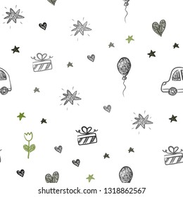 Dark Green vector seamless backdrop with holiday gifts. Illustration with a colorful toy car, heart, baloon, tulip, candy, ball. Pattern for new year ads.