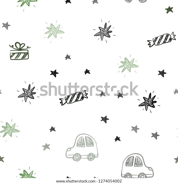 Dark Green vector seamless backdrop\
in holiday style. Shining illustration with a toy car, baloon,\
candy, star, ball. Design for colorful\
commercials.