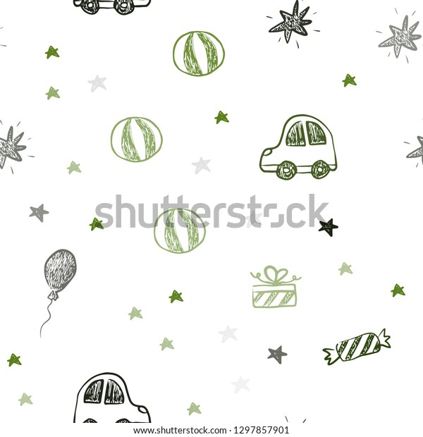 Dark Green vector seamless backdrop in\
holiday style. Shining illustration with a toy car, baloon, candy,\
star, ball. Pattern for new year\
ads.