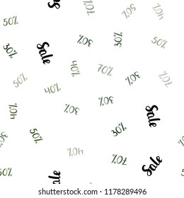 Dark Green vector seamless background with 30, 40, 50, 70 % signs of sales. Gradient illustration with discount signs on white backdrop. Template for season sales, shopping ads.