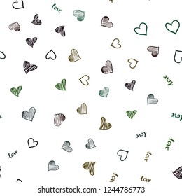 Dark Green vector seamless background with words of love, hearts. Colorful gradient phrase LOVE YOU, hearts in abstract style. Pattern for design of fabric, wallpapers.