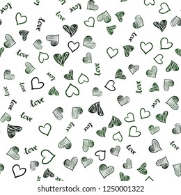 Dark Green vector seamless background with words of love, hearts. Illustration with phrase LOVE YOU, hearts for valentine's day. Pattern for design of fabric, wallpapers.