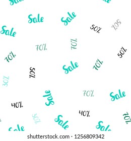 Dark Green vector seamless background with 30, 40, 50 % signs of sales. Colored words of sales with gradient on white background. Template for season sales, shopping ads.
