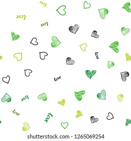 Dark Green vector seamless background with words of love, hearts. Colorful gradient phrase LOVE YOU, hearts in abstract style. Design for textile, fabric, wallpapers.