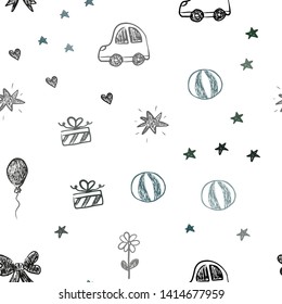 Dark Green vector seamless background with xmas attributes. Shining illustration with a toy car, heart, baloon, tulip, candy, ball. Design for holiday adverts.