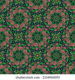 DARK GREEN VECTOR SEAMLESS BACKGROUND WITH A COMPLEX COLORFUL ROUND STYLIZED FLORAL ORNAMENT