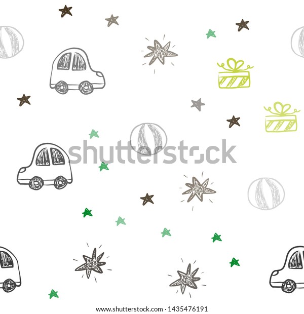 Dark Green vector seamless background in xmas\
style. Illustration with a colorful toy car, baloon, candy, star,\
ball. Template for new year\
postcards.