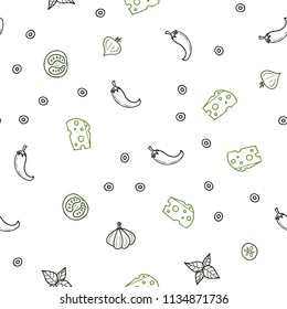 Dark Green vector seamless cover with cuisine gourmet. Blurred decorative design of snacks in doodle style. Pattern for menu of cafes, bars, restaurants.
