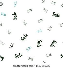 Dark Green vector seamless cover with symbols of 30, 40, 50, 70 % sales. Colored words of sales with gradient on white background. Template for season sales, shopping ads.