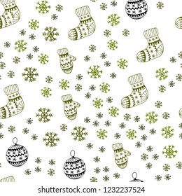 Dark Green vector seamless cover with beautiful snowflakes, balls, socks, mittens. Shining colorful illustration in christmas style. Template for business cards, websites.