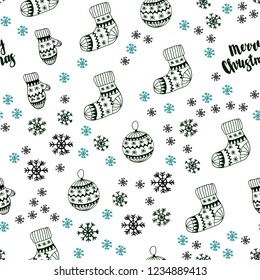Dark Green vector seamless cover with beautiful snowflakes, balls, socks, mittens. Modern geometric abstract illustration. Texture for window blinds, curtains.