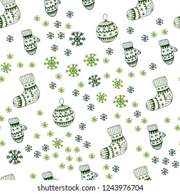 Dark Green vector seamless cover with beautiful snowflakes, balls, socks, mittens. Colorful decorative design in xmas style. Template for business cards, websites.